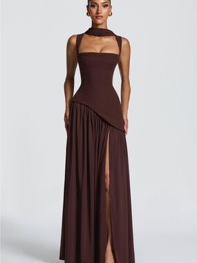 Chic Chocolate Brown Maxi Dress with Asymmetric Draped Waist